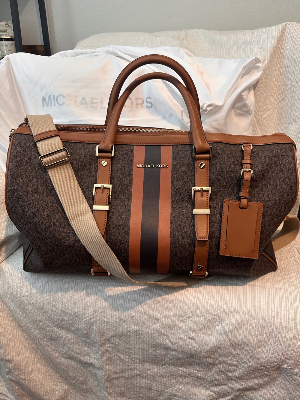Michael Kors Hudson Logo Stripe Weekender Duffel Travel Bag Brown Acorn